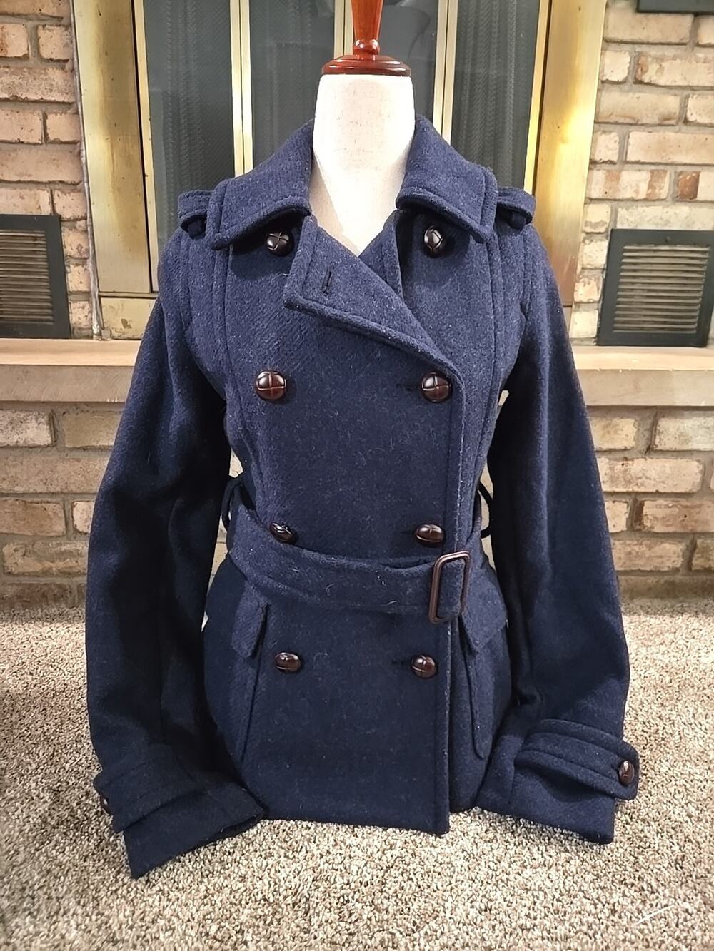 American Eagle Wool Blend Pea Coat Womans Sz XS Navy Blue Outdoor Preppy Belted
